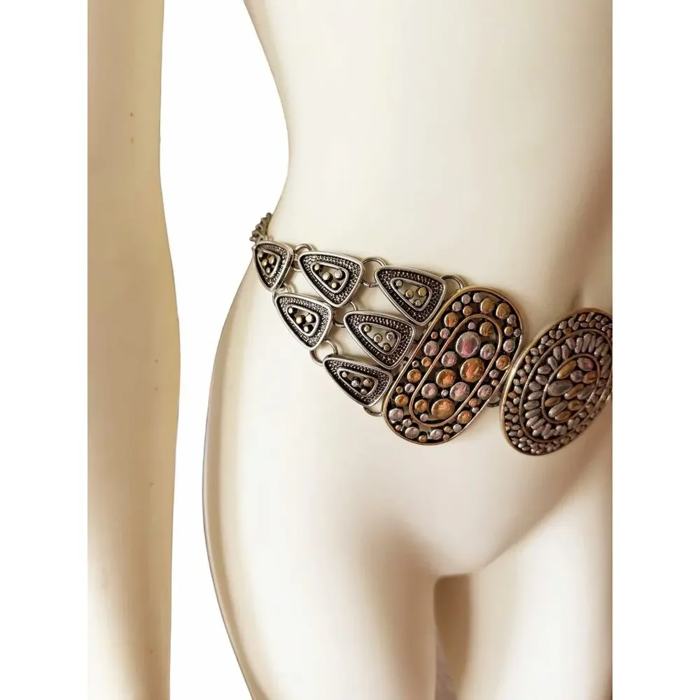 Chico’s Chain Belt Two Tone Gold Silver Mixed Metal Boho Medallion Adjustable